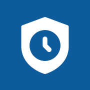Clock inside shield on blue background.