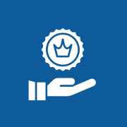 Hand holding a crown emblem icon.