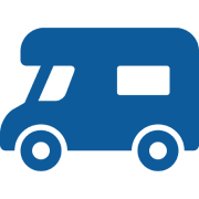 Blue camper van icon on black background.